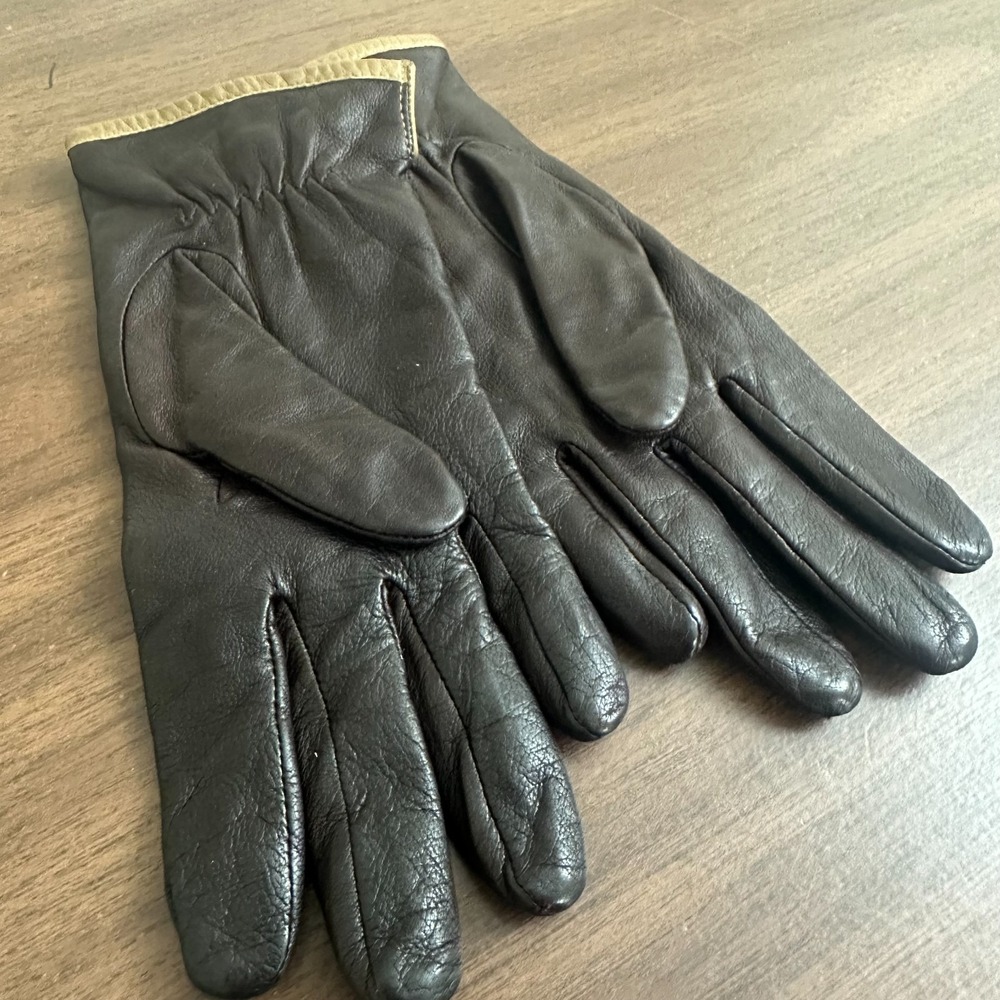Nine West Genuine Leather Gloves Dark Brown Tan Trim Lined Outdoor Womens Small